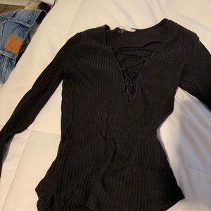 Black long sleep lace up top